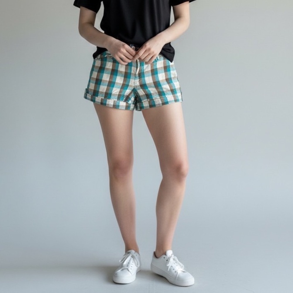 SO‎ Womens Plaid Shorts Teal Brown White Checkered Low Rise Cotton Size 9 Y2K